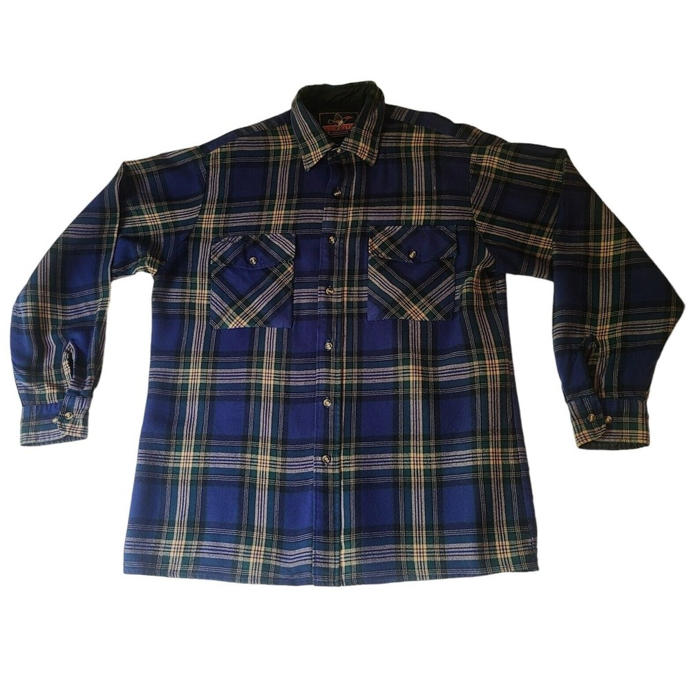 BackPacker Sportswear Flannel Shirt Men's L Blue Plaid Long Sleeve Pocket Hiking